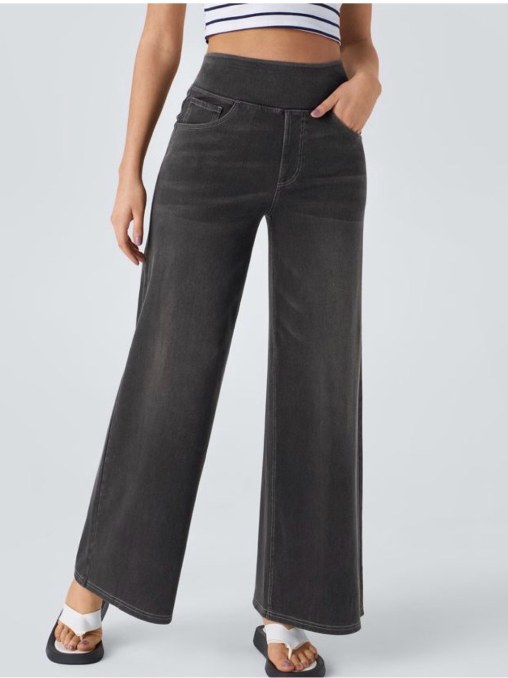Halara High Waisted Pockets Baggy Wide Leg Washed Casual Jeans